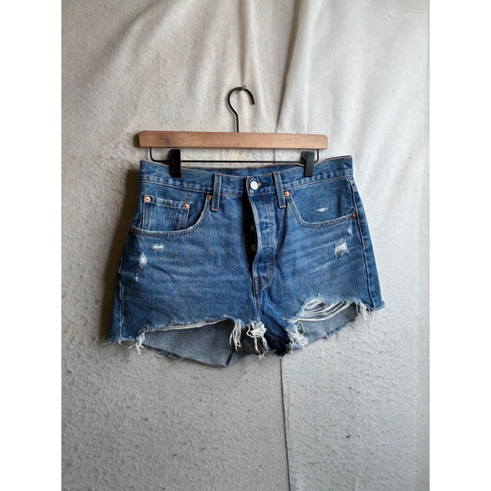 Levis 501 Original Distressed Denim Shorts Medium Wash Button Fly Cut Offs